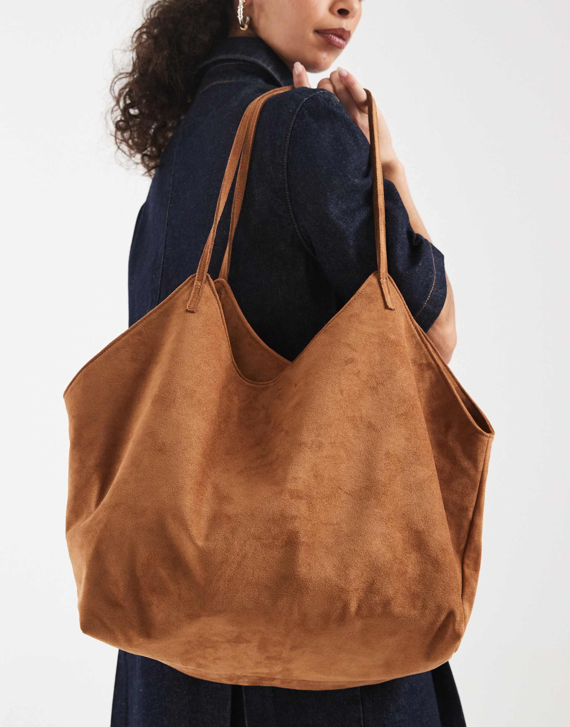 pasq faux suede twin strap v-detail tote bag in tan