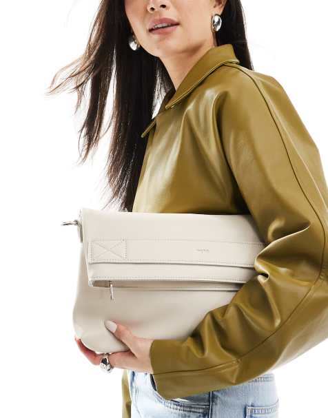 PASQ fold over clutch bag with crossbody strap in off-white