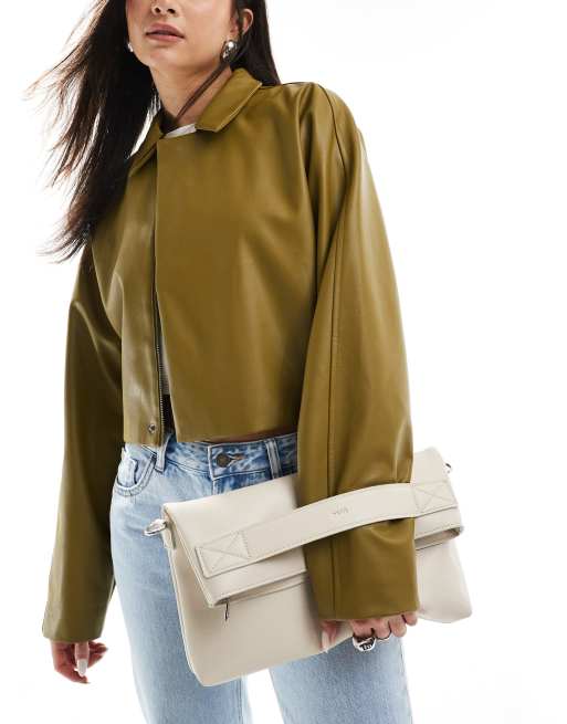 PASQ fold over clutch bag with crossbody strap in off white, 4 of 4