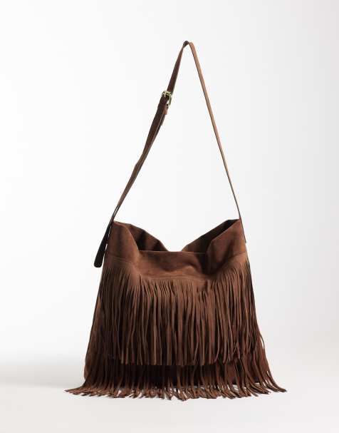 PASQ fringed faux suede shoulder bag in chocolate - view 1