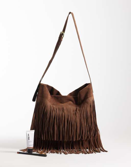 PASQ fringed faux suede shoulder bag in chocolate, 2 of 4
