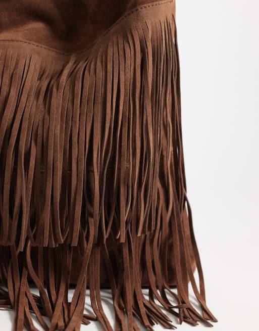 PASQ fringed faux suede shoulder bag in chocolate, 3 of 4