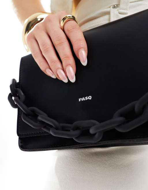 PASQ Grab Bag with Chunky Chain and Detachable Crossbody Strap in Black