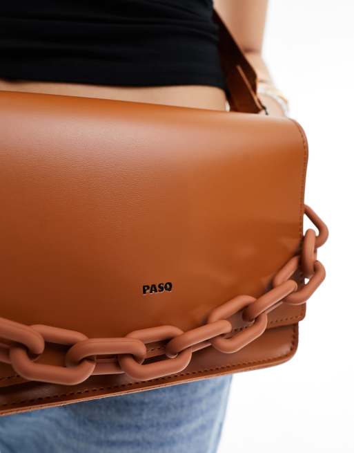 PASQ grab bag with chunky chain and detachable crossbody strap in tan, 4 of 4