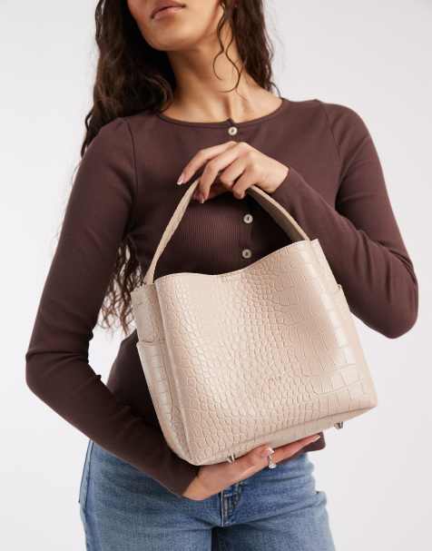 PASQ grab bucket bag with crossbody strap in beige croc - view 1