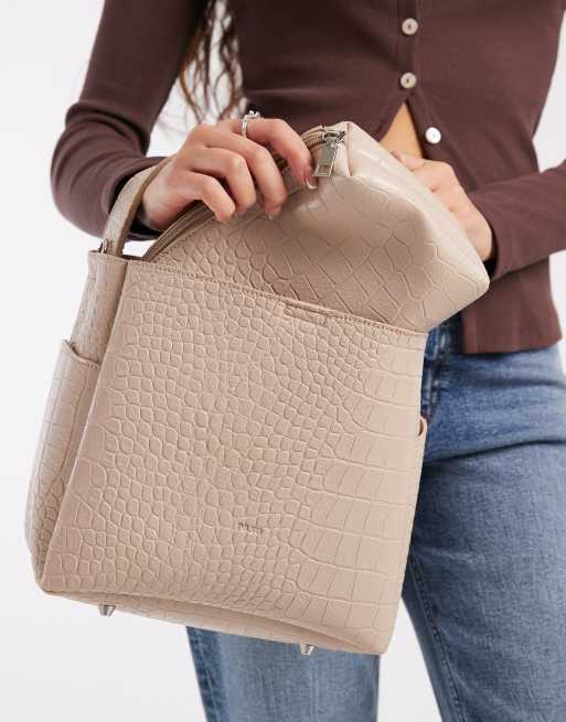PASQ grab bucket bag with crossbody strap in beige croc, 4 of 4