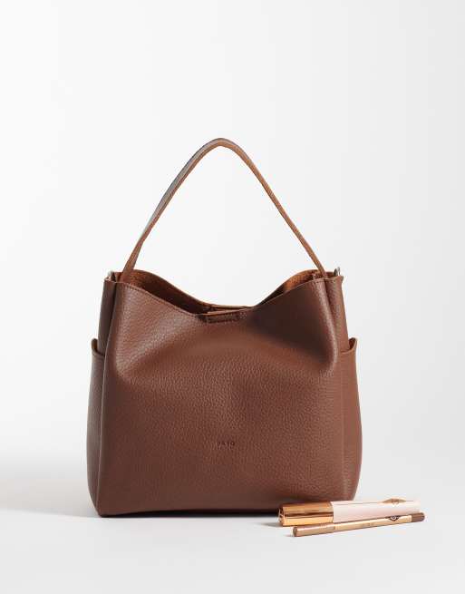 PASQ grab bucket bag with crossbody strap in brown, 2 of 4