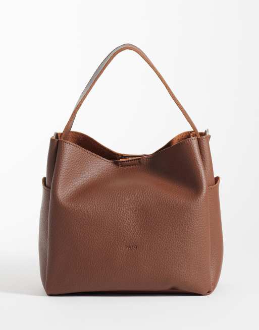 PASQ grab bucket bag with crossbody strap in brown, 4 of 4