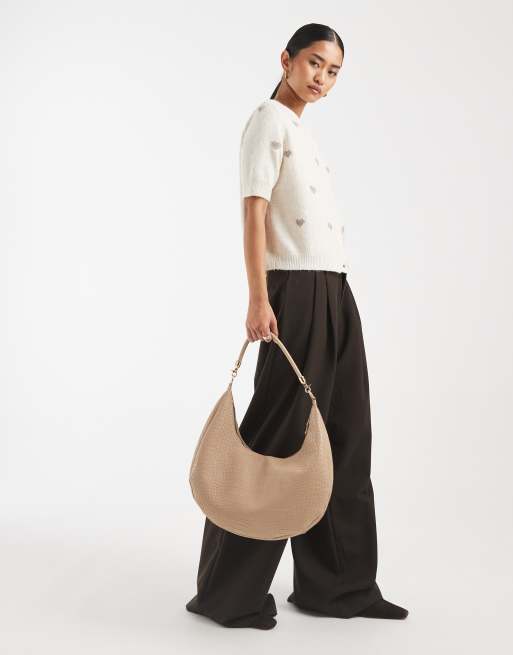 PASQ - Gråbrun skuldertaske med dyb rund kant og crossbody-rem i krokodillemønster, 2 af 4