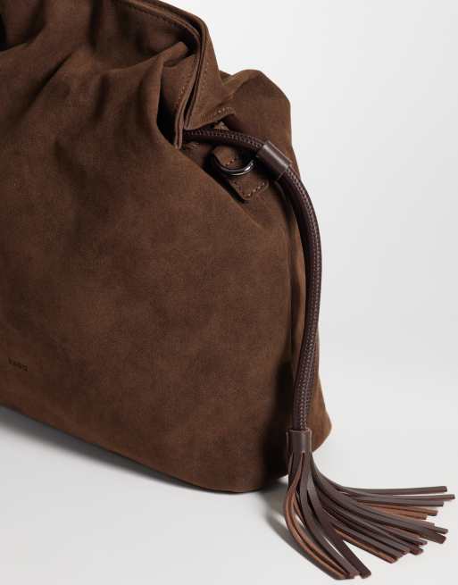 PASQ grand sac bandoulière à cordon en daim chocolat, 3 de 4