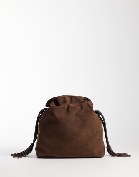 PASQ large cinch crossbody bag in chocolate suede - view 1