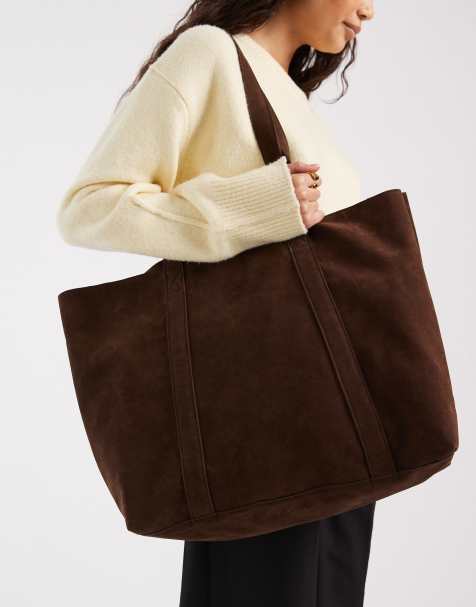 PASQ large faux suede tote in dark brown - view 1