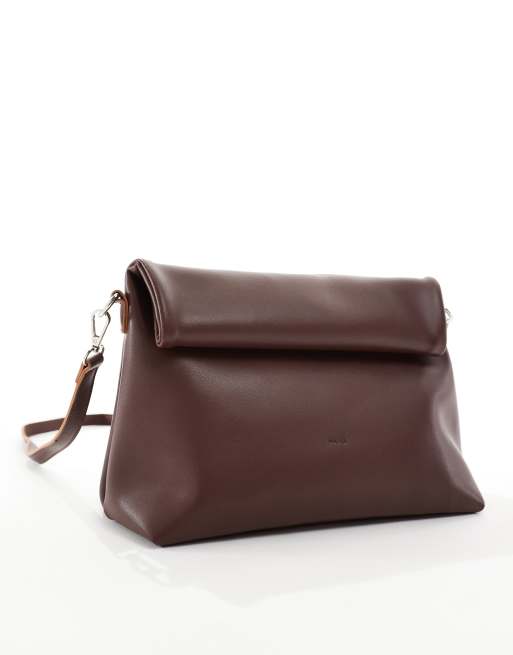 PASQ large roll top crossbody clutch bag in brown