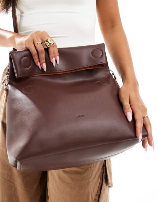 PASQ large roll top crossbody clutch bag in brown
