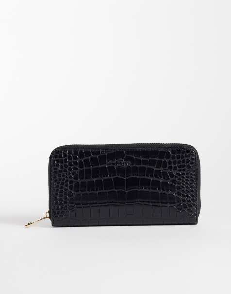 PASQ long zip up wallet in black croc - view 1