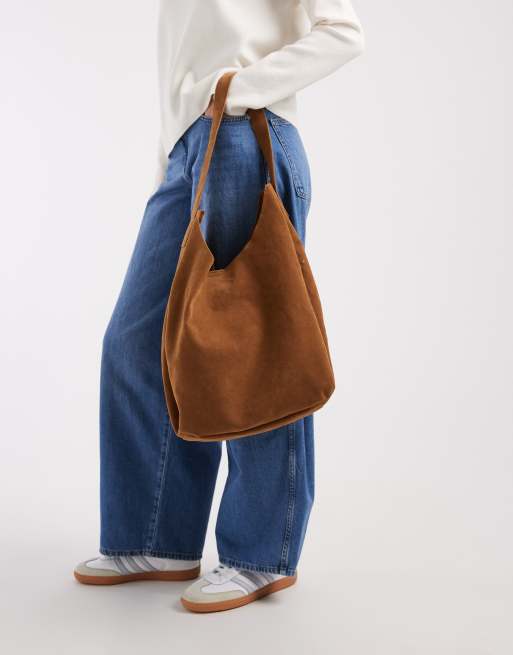 PASQ - Maxi borsa in camoscio sintetico color cuoio con scollo rotondo