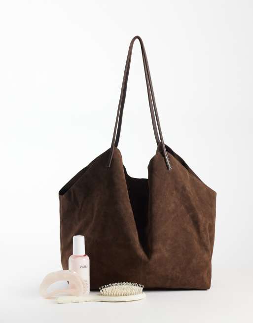 PASQ maxi borsa shopping in camoscio marrone cioccolato, 2 di 4