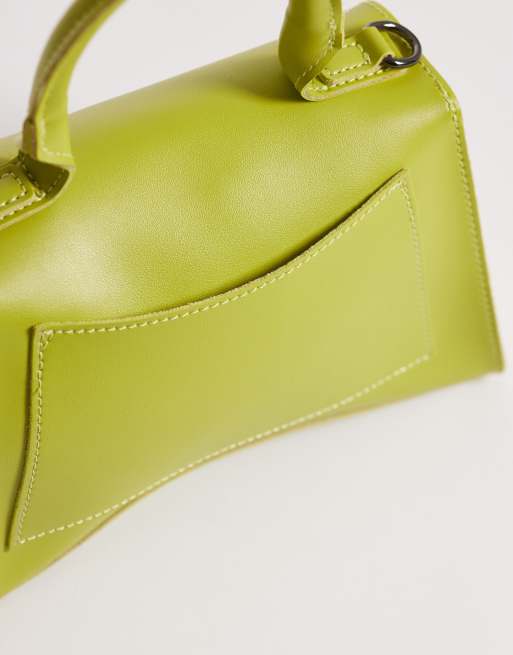 PASQ mini curved bottom grab bag with cross body strap in chartreuse green, 3 of 4