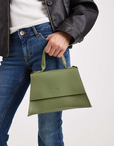 PASQ mini curved bottom grab bag with cross body strap in olive green - view 1