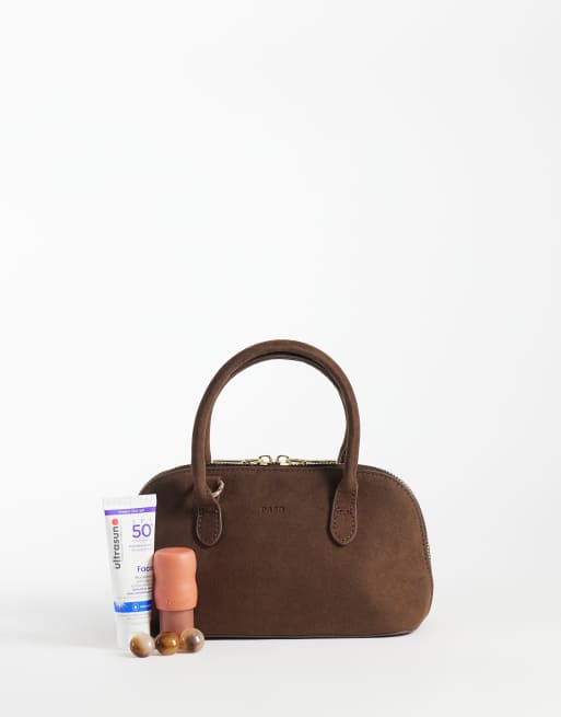 PASQ mini håndtaske med dobbelt strop i chokoladefarvet ruskind, 2 af 4