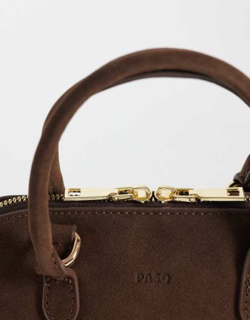 PASQ mini håndtaske med dobbelt strop i chokoladefarvet ruskind, 3 af 4