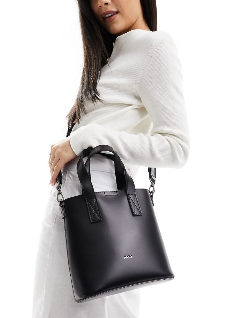 PASQ mini structured tote bag with detachable crossbody strap in black