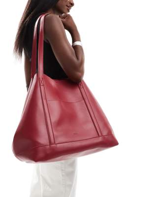 oversize slouch tote bag with front pocket and inside pouch in burgundy-Red