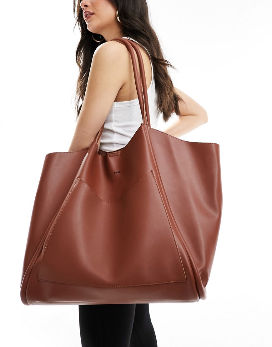 PASQ oversized slouch tote bag with removable pouch in chocolate brown-Black