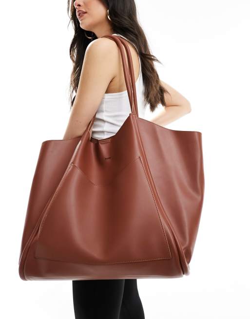  PASQ oversized slouch tote bag with removable pouch in chocolate brown