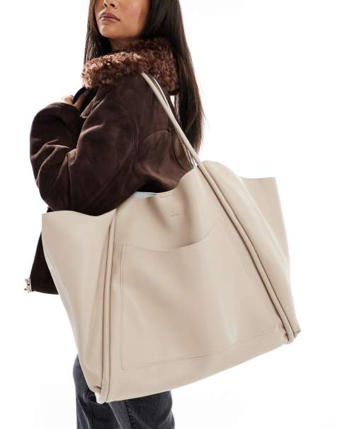 PASQ oversized slouch tote bag with removable pouch in taupe - view 1