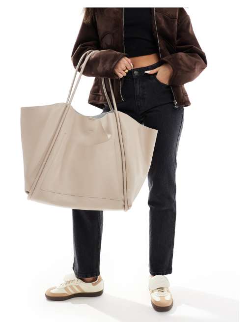 PASQ oversized slouch tote bag with removable pouch in taupe