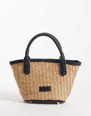 PASQ - Petit sac cabas en paille avec bandoulière - Noir/beige-Neutre