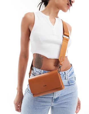 PASQ rectangular flap top cross body bag in tan-Brown