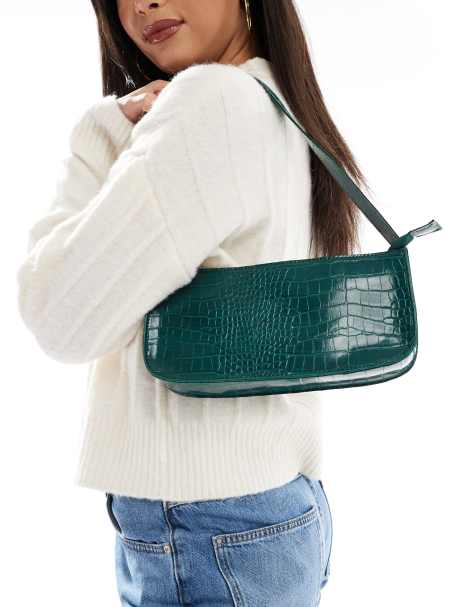 PASQ - Sac baguette porté épaule effet croco - Vert foncé - view 1