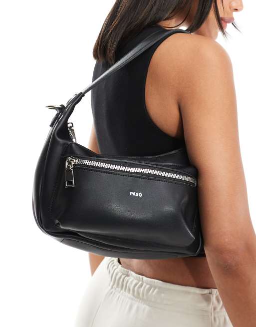PASQ - Sac porté épaule avec fermeture éclair et bandoulière amovible - Noir 