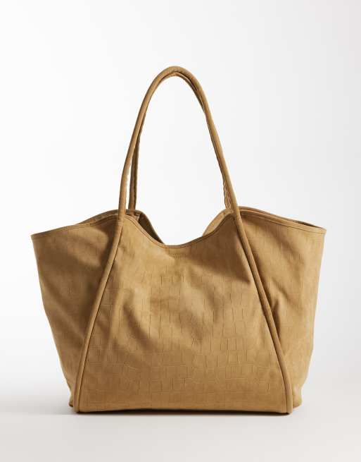 PASQ - Sandfarvet oversized tote-taske i imiteret ruskind med krokodillemønster, 4 af 4