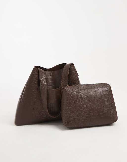 PASQ single shoulder strap tote bag in brown croc, 3 of 4