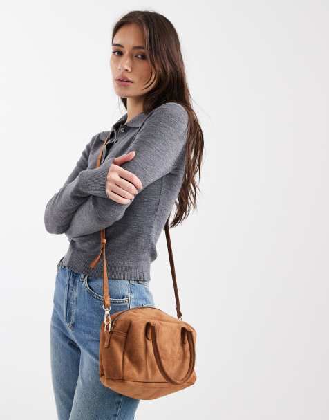 PASQ small suede bowling bag with crossbody strap in tan - view 1