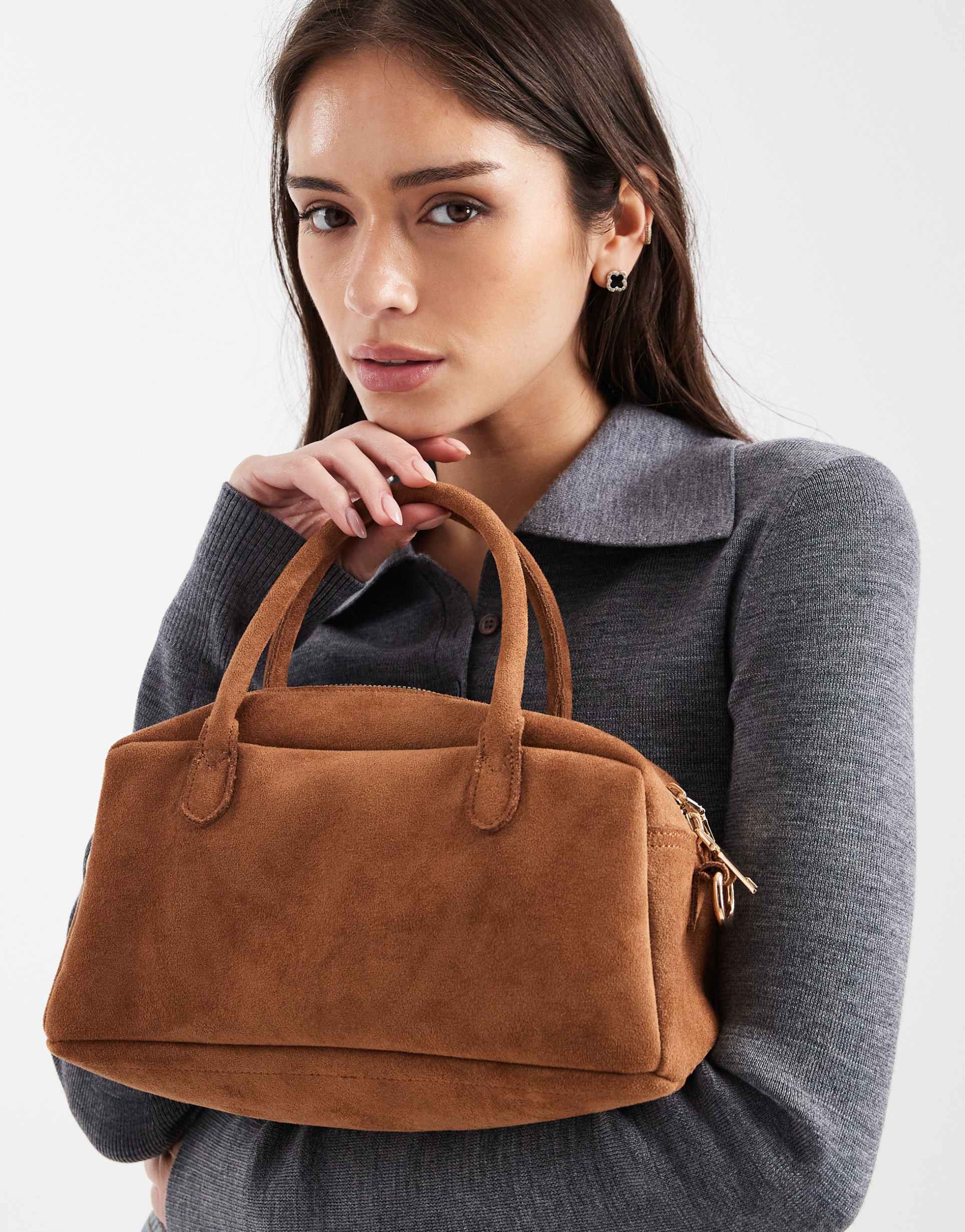 pasq small suede bowling bag with crossbody strap in tan