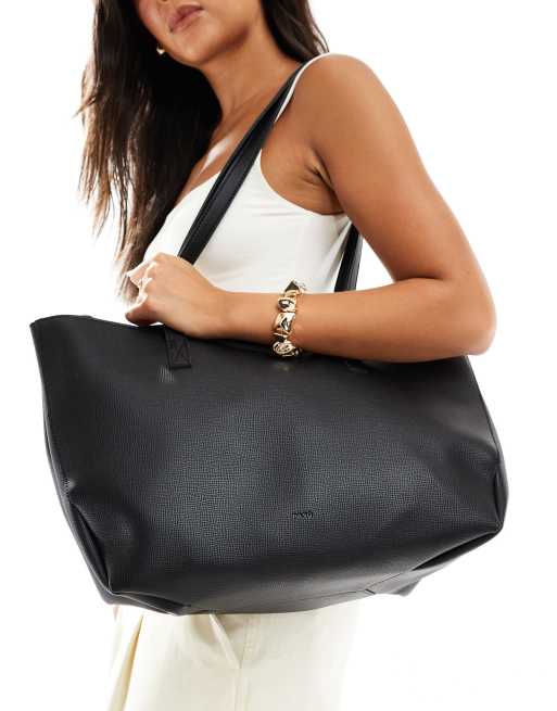 PASQ - Sort tote-taske med palmeprint og dobbelte remme samt sideklips