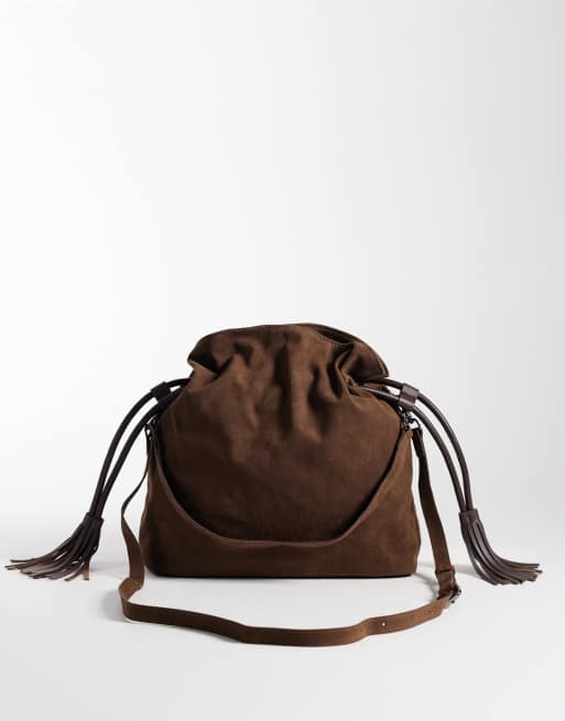 PASQ stor crossbody-taske med snørelukning i chokoladebrunt ruskind, 4 af 4