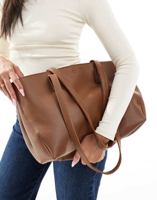 PASQ textured twin strap tote bag with side clip details in dark taupe, 2 of 4