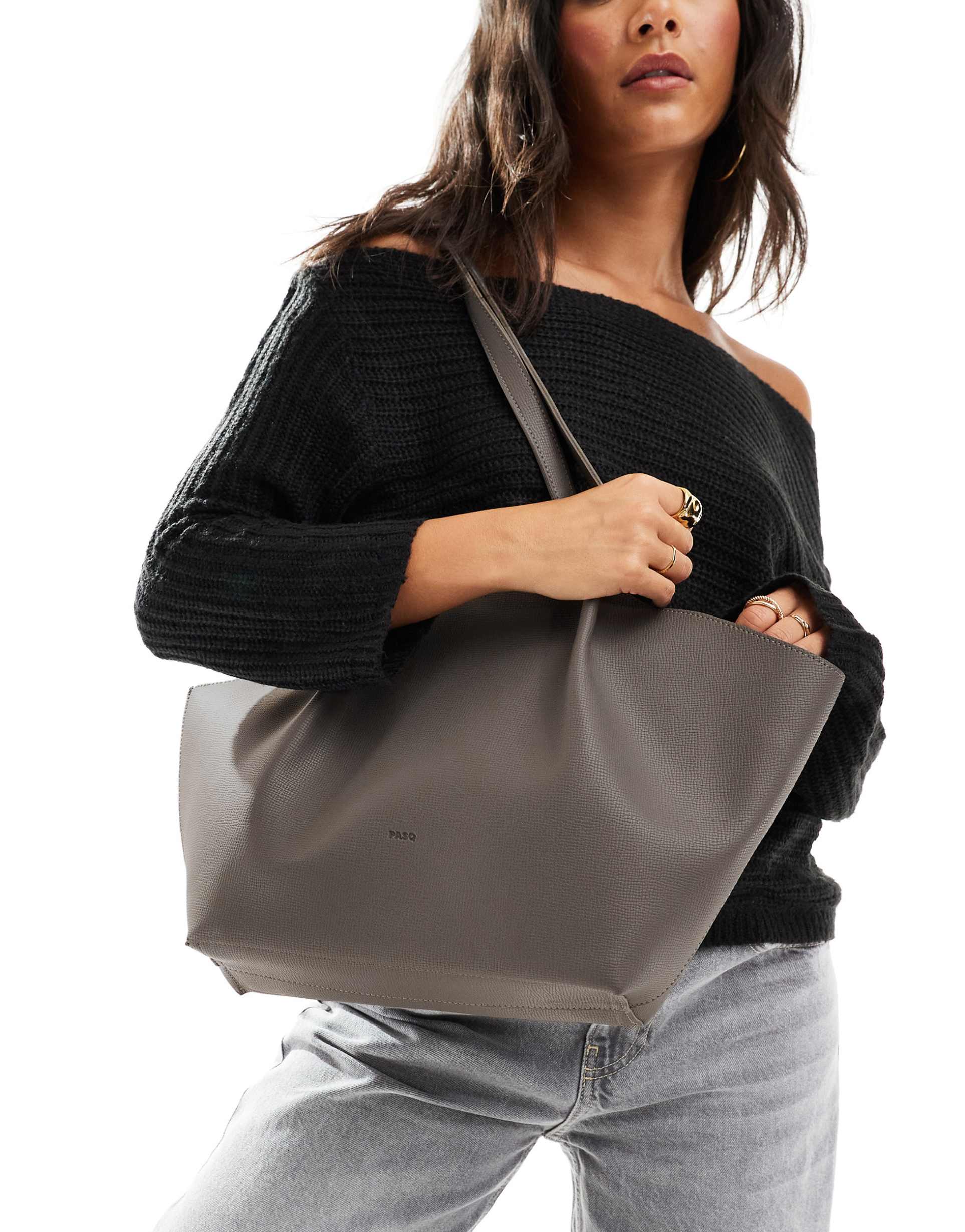 pasq textured twin straps tote bag with creased front details in gray