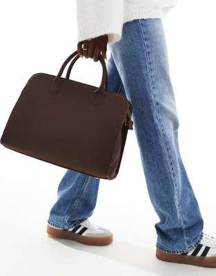 top handle tote bag with shoulder strap in brown faux suede