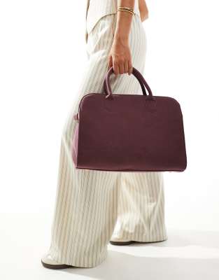 top handle tote bag with shoulder strap in burgundy faux suede-Red