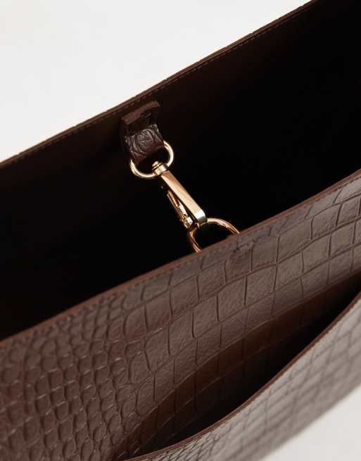 PASQ - Tote tas met enkele schouderband met krokodillenmotief in bruin, 4 van 4