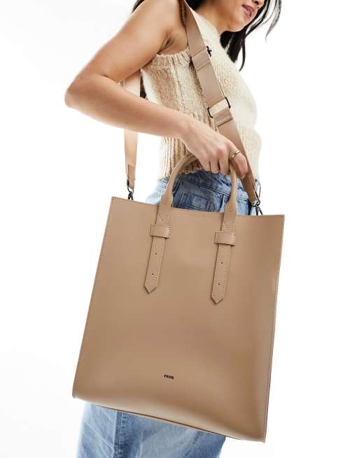 PASQ - Tote tas met structuur en afneembare crossbody band in zandkleur, 4 van 4