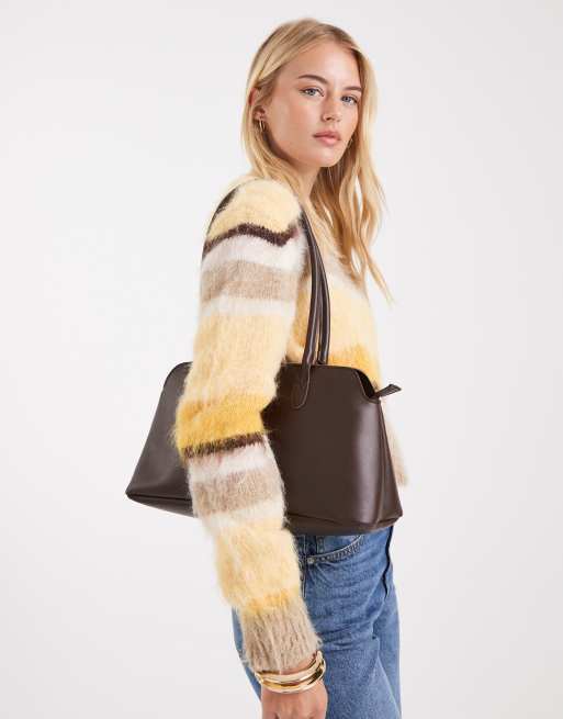 PASQ twin strap a line shoulder bag in dark brown, 3 of 4