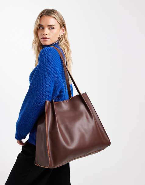 PASQ twin strap tote bag with creased front details in brown - view 1