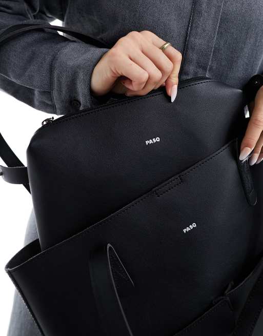 PASQ two pocket tote bag with removable pouch in black, 2 of 4